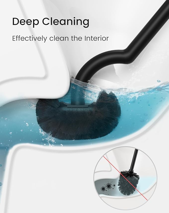 Cesun Toilet Brush and Holder Set - Curved Design Toilet Brush for Deep Cleaning Under Rim, 304 Stainless Steel Toilet Bowl Brush and Holder for Bathroom, Rv, Black(2 Replaceable Brush Head Included)