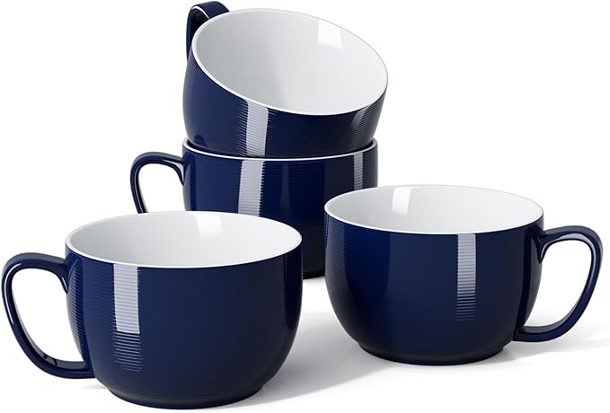 Teocera Porcelain Coffee Mugs, Soup Mugs Bowls with Handle, 24 oz Latte Mugs Set of 4 - Striped Design, Navy