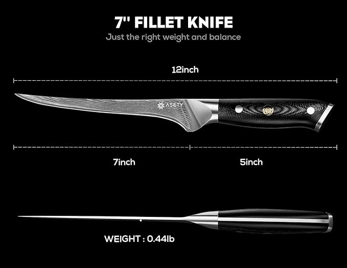 Damascus Fillet knife 7 Inch - Ultra-Sharp Fillet Knife for Fish and Meat, Professional Japanese Boning Knife with VG10 Steel Core, Full Tang G10 Handle, Elegant Box