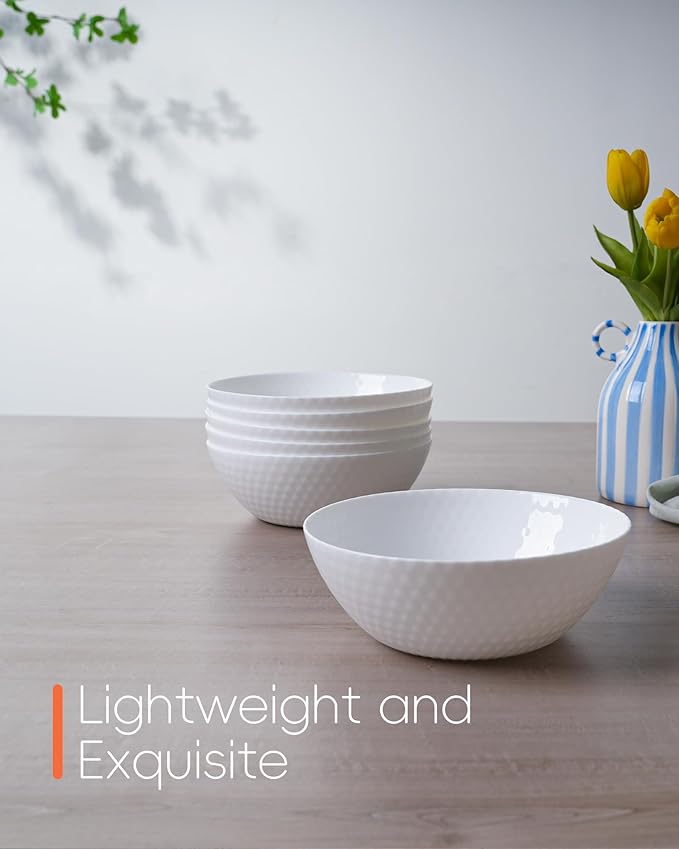 27 OZ Max Cereal Soup Bowl Set of 6, Thin Light & Durable Opal Glass 7.2 inch White Geometric Faceted Bowls for Ramen, Noodle, Salad, Fruit, Dishwasher and Microwave Safe