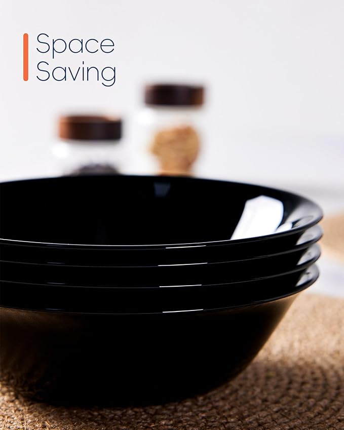 14 OZ (16 OZ MAX) Black Opal Glass Cereal Bowl Set of 4, 6.5 inch Dishwasher & Microwave Safe Round Bowls for Soup, Salad and Rice
