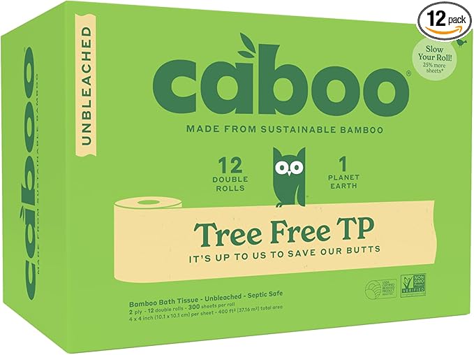 Caboo Tree Free Unbleached Toilet Paper | Plastic Free Packaging, Septic Safe, Eco Friendly, Chemical Free, Non Toxic | 2 Ply Toilet Tissue, Pack of 12 Double Rolls, 300 Sheets Per Roll