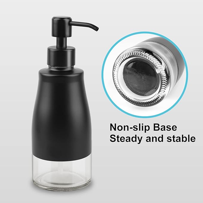 Dish Soap Dispenser with Stickers, 2 Pack Kitchen Dish Refillable Liquid Dispensers, Stainless Steel Case Glass Liner Soap Dispenser for Bathroom Kitchen, Matte Black (10 OZ./ 300ML)