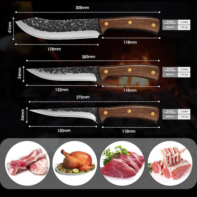 UniqueFire Chef Knife set 3 Pcs, Professional Kitchen Knives set, Sharp Butcher knife sets, Hand-forged High Carbon Steel Meat Cleaver knife, Ergonomic Wood Handle with Gift Box for Home & Restaurant