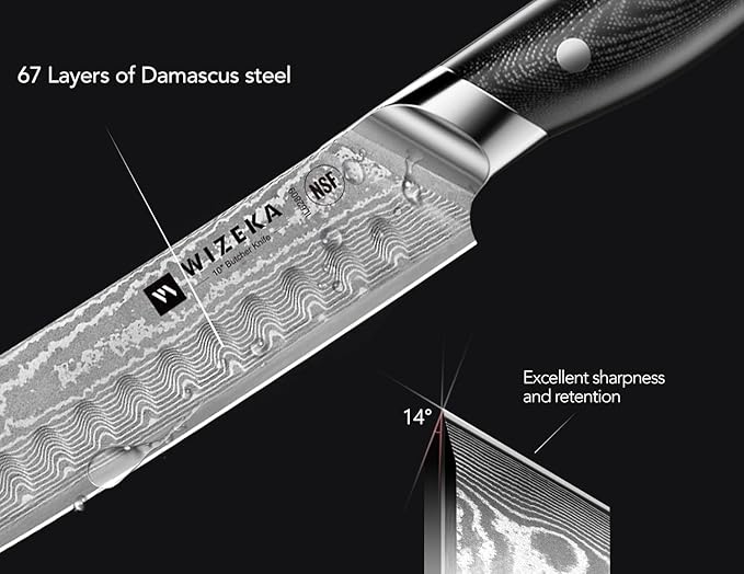 WIZEKA Carving Knife-10 Real Damascus Breaking Knife,Razor Sharp Butcher knife Curved Scimitar Brisket Knife for Meating Cutting with G10 Handle