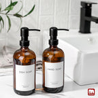 GMISUN Amber Glass Soap Dispenser, 2 Pack Bathroom Hand Soap Dispensers with Stainless Steel Pump, 17 Fl Oz Kitchen Hand and Dish Soap Dispenser Set, Modern Vintage Liquid Brown Soap Dispensers Bottle