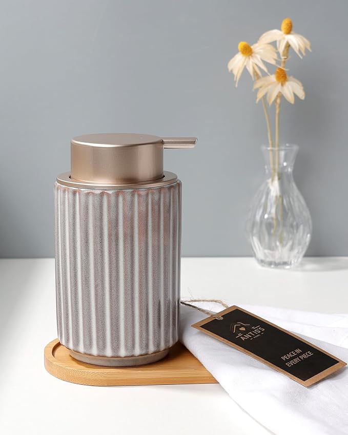 Foaming Soap Dispenser, Ceramic Refillable Foam Hand Soap Pump for Bathroom and Kitchen, Lotion Dispenser, Brown Foaming Dish Soap Dispenser, Modern Stripe Design, ANTIS'S HOME