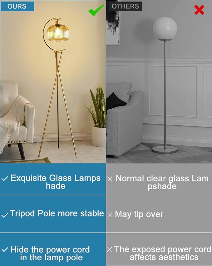 Lightdot Tripod Floor Lamp for Living Room, Gold Standing Lamp with Brown Glass Lampshade, Farmhouse Tall Lamp for Bedroom, Arced Reading Light for Home Office