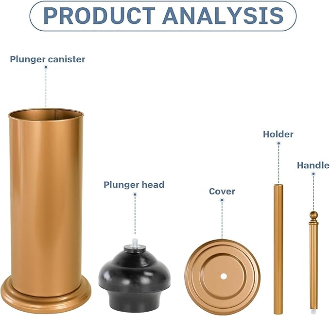 DOWRY Anti-Hand Off Toilet Plunger with Holder for Bathroom,Powerful Efficient Force Suction Cup,Heavy Duty, Deep Cleaning, Gold Brushed