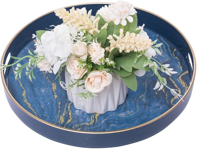 MAONAME 13" Round Decorative Tray, Marbling Plastic Tray with Handles, Coffee Table Trays for Ottoman, Kitchen, Bathroom, Blue