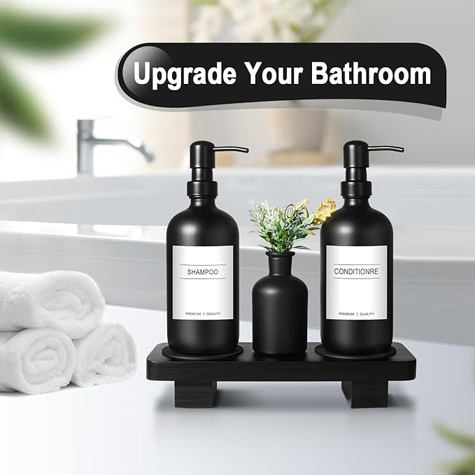 Dish Soap Dispenser for Kitchen, Black Hand Soap Dispenser with Stainless Steel Pump, Kitchen Soap Dispenser Set with Wood Riser Tray, Matte Black Bathroom Soap Dispenser Set Bathroom Decor