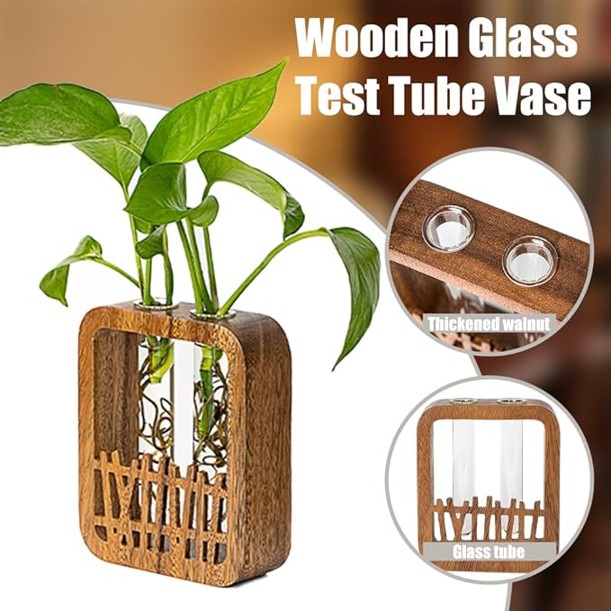 Walnut Wood Terrarium Planter - 2 Glass Test Tube Vase & Boho Plant Stand for Hydroponics, Home Office Desk Decor, Unique Housewarming Birthday Gifts for Women Plant Lovers