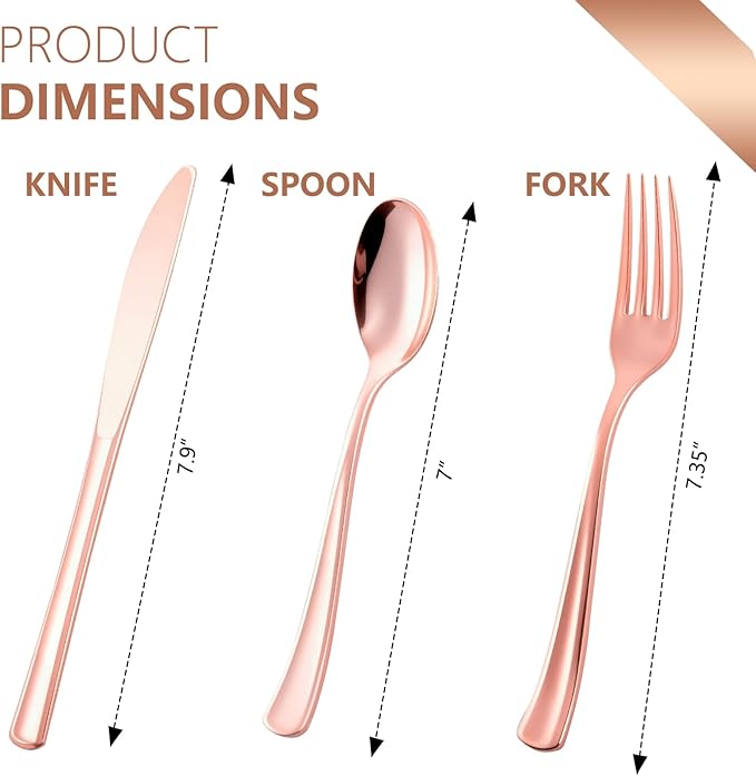 144 Pack Rose Gold Premium Plastic Cutlery Disposable Silverware Set - 48 Forks, 48 Knives, 48 Spoons - For Catering, Parties, Dinners, Weddings, and Everyday Use, Plastic box packaging