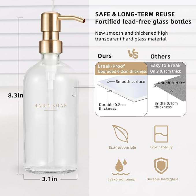 Glass Soap Dispenser - Dish Soap Dispenser for Kitchen, Hand Soap Dispenser Set, Bathroom Soap Dispenser with 304 Rust Proof Pump, Soap Dispenser for Kitchen with Tray, Clear Bottle/Gold Pump
