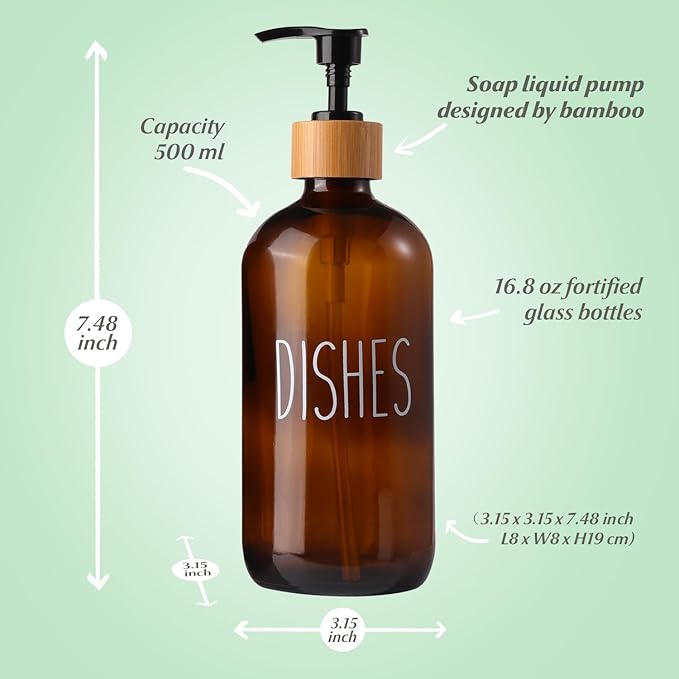 Dish Amber Glass Soap Dispenser with Plastic Pump, 16 Oz Brown Dish Soap Dispenser Set Refillable Reusable Apothecary Soap Pump Dispenser Bottles for Bathroom and Kitchen