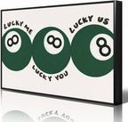 Green 8 Ball Poster, Lucky Me Lucky You Lucky Us Quote Canvas Wall Art, Playful Billiards Balls Picture Print, Retro 8ball Pool Painting for Bar Cart Game Room Man Caves Wall 24x36in Framed