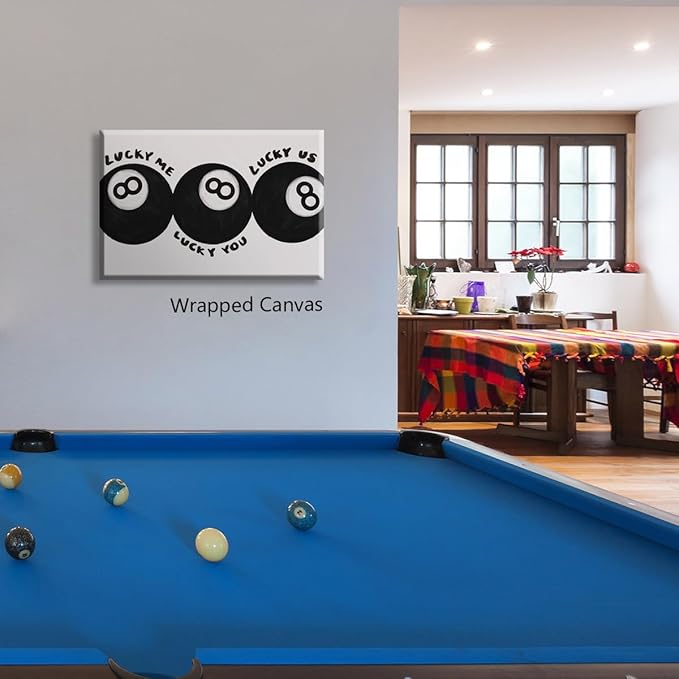 Black 8 Ball Poster, Lucky Me Lucky You Lucky Us Quote Canvas Wall Art, Playful Billiards Balls Picture Print, Retro 8ball Pool Painting for Bar Cart Game Room Man Caves Wall 12x16in Wrapped Canvas