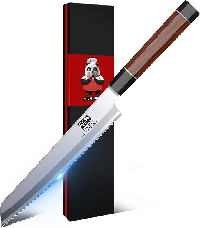 SHAN ZU 8 Inch Japanese Bread Knife, 9 Layers 10Cr15MoV High Carbon Steel Bread Knives for Homemade Bread, Sharp Sourdough Bread Knives with Red Sandalwood Handle, Long Serrated Bread Cutting Knife