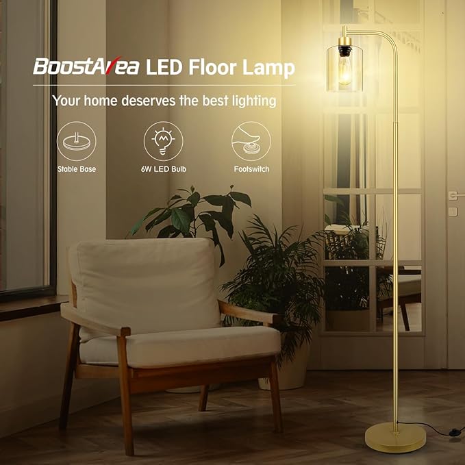 Gold Floor Lamp, Standing Lamp with Glass Lampshade, 6W LED Bulb Included, Modern Floor Lamp with Foot Switch, Industrial Floor Lamp, Bright LED Floor Lamp for Living Room and Bedroom, Office