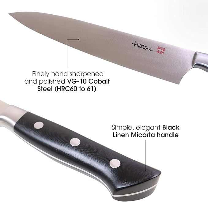 Hattori Japanese Chef’s Knife, FH-7L Professional Gyuto Knife, VG-10 Cobalt Steel Pro Kitchen Knife with Ergonomic Black Linen Micarta Handle, 9.4 inch