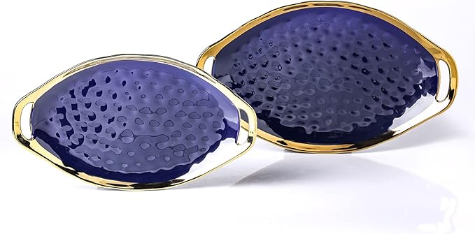 Stone Lain Florian Porcelain Large and Medium Oval Platters with Handle, Service Set, Blue with Gold Rim
