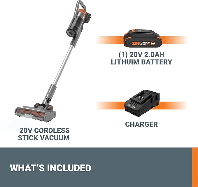 WORX 20V Cordless Stick Vacuum, Powerful Cordless Vacuum Cleaner 25Kpa High Suction for Pet Hair, Lightweight Handheld Vacuum Cleans Floors Carpet Car – Battery & Charger Included
