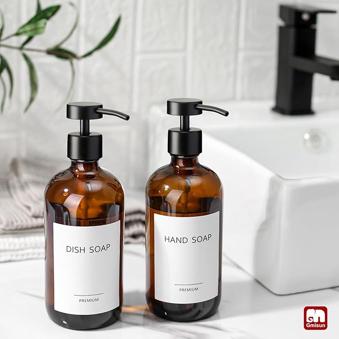 GMISUN Amber Glass Soap Dispenser, 2 Pack Bathroom Hand Soap Dispensers with Stainless Steel Flat Pump, 17 Fl Oz Kitchen Dish Soap Dispenser, Modern Vintage Liquid Brown Soap Dispensers Bottle Set