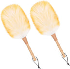 Lambswool Duster for Cleaning with Solid Wooden Handle Leather Hang Strap 14.9 inch Natural Feather Duster for Cleaning Ceiling Fans Window Blinds Computer Furniture(2 Pack)