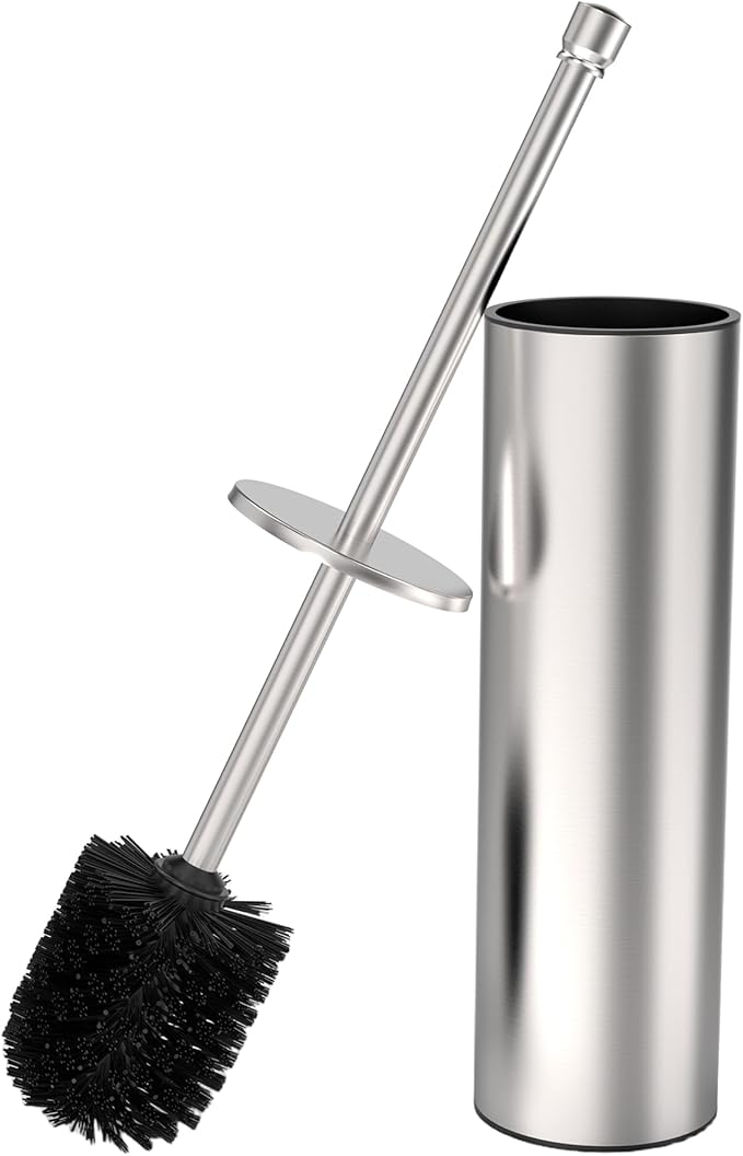 Toilet Brush and Holder Set, Toilet Bowl Brush for Bathroom with Long Handle, Stainless Steel Toilet Cleaner Brush with Durable Scrubbing Bristles,Splash-Proof (Brushed Nickel)