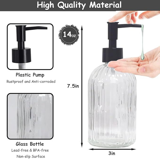 Clear Glass Soap Dispenser with Pump, 2 Pack 13.5oz Bathroom Soap Dispenser with Vertical Stripe for Hand Wash and Dish Wash, Elegant Refillable Hand Dispenser for Dishwashing Liquid, Lotion