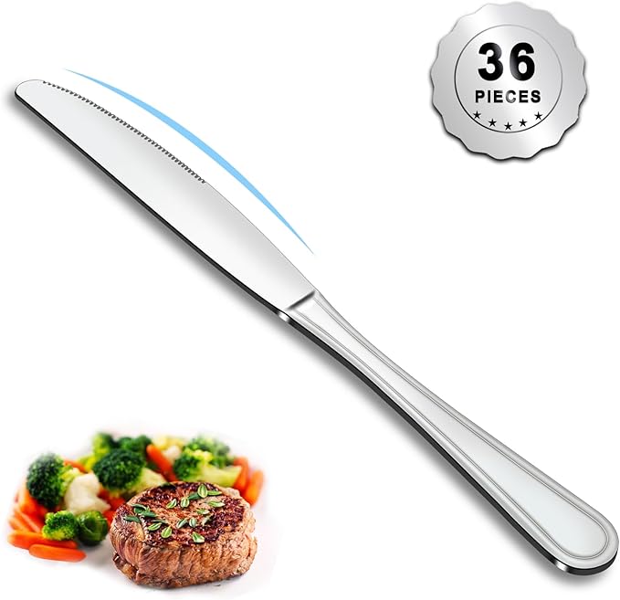 Dinner Knives Set of 36, 9” Butter Knives with Pretty Line Handle, Food Grade Stainless Steel Table Knife, Dishwasher Safe & Mirror Polished