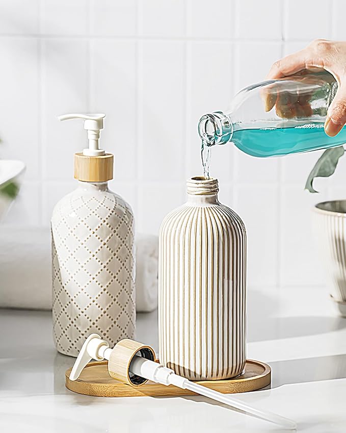 Getstar Hand and Dish Soap Dispenser Set, Ceramic Soap Dispenser for Bathroom and Kitchen with Rust Proof Pump and Tray, Set of 2 (White Pump)