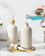 Getstar Hand and Dish Soap Dispenser Set, Ceramic Soap Dispenser for Bathroom and Kitchen with Rust Proof Pump and Tray, Set of 2 (White Pump)