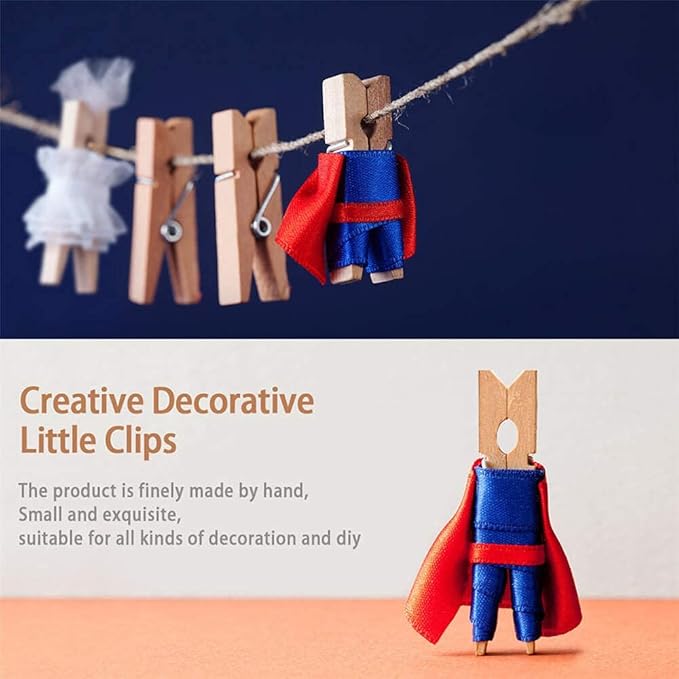 Mini Clothespins, Mini Clothes Pins for Photo, 100 Pack Wooden Small Clothes Pin with 32 FT Jute Twine String, Tiny Decorative Clothespin for Little Baby Shower Photos Clips Pictures Crafts Display