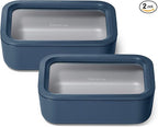 Caraway 2pc Glass Food Storage Set - 6.6 Cup Food Containers (2) - Ceramic Coated - Non Toxic, Non Stick Lunch Box with Lids. Dishwasher, Oven, & Microwave Safe - Navy