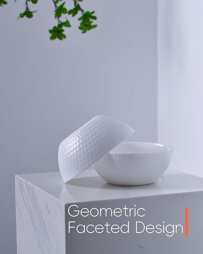 20 OZ Max White Opal Glass Cereal Bowl Set of 6, Thin Light & Durable 6 inch Dishwasher & Microwave Safe Round Geometric Faceted Bowls for Kitchen, Salad, Soup and Rice