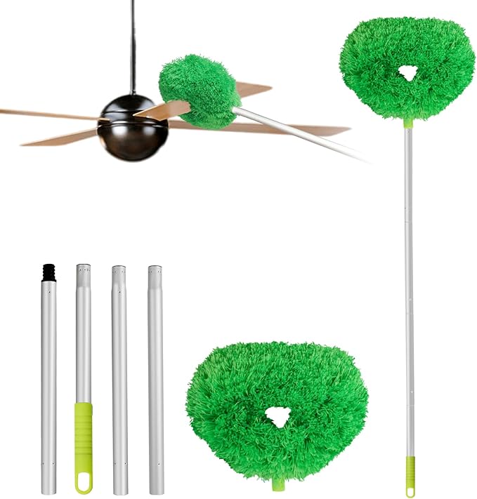 Ceiling Fan Cleaner Duster Reusable Microfiber Ceiling Fan Blade Cleaner Removable Duster with Extension Pole Adjusts 13 to 49.7 Inch for Cleaning Walls Bookshelves Furniture Door Window Top (Green)