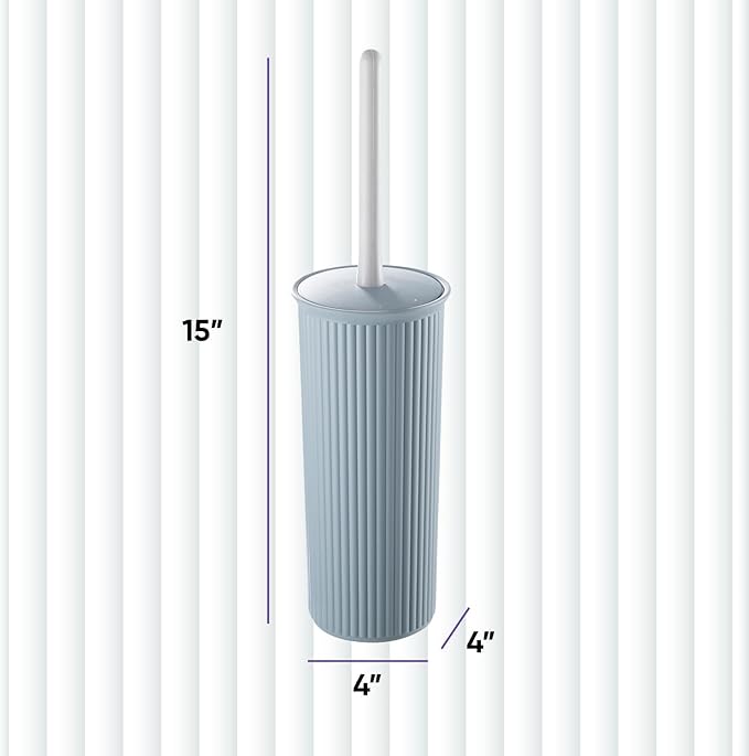 Superio Ribbed Collection - Decorative Plastic Toilet Bowl Brush and Holder Set, Blue (1 Pack) Cleaner Scrubber for Bathroom