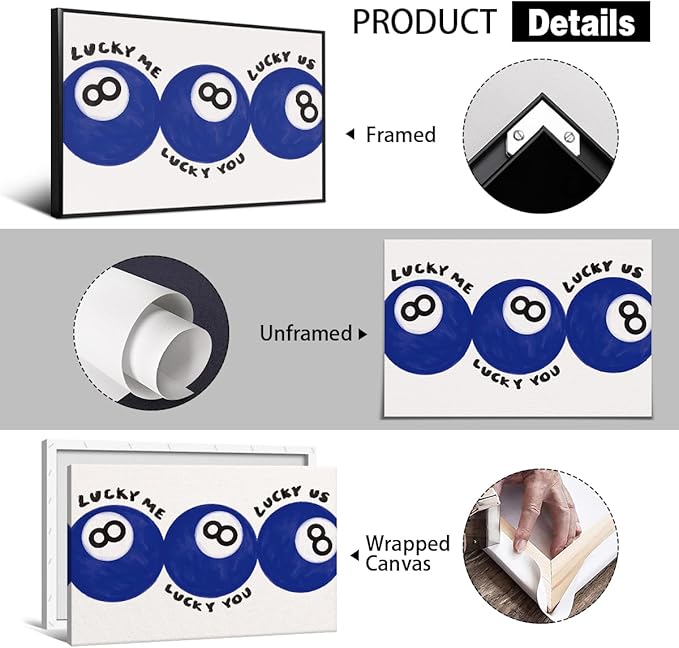 Blue 8 Ball Poster, Lucky Me Lucky You Lucky Us Quote Canvas Wall Art, Playful Billiards Balls Picture Print, Retro 8ball Pool Painting for Bar Cart Game Room Man Caves Wall 8x12in Framed