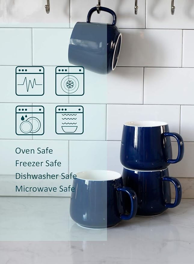 Teocera Ceramic Coffee Mug Set of 4-12 oz Coffee Mugs with Large Handles for Hot or Cold Drinks Like Latte, Cocoa, Tea or Juice - Smooth Ceramic, Dishwasher Safe, Navy