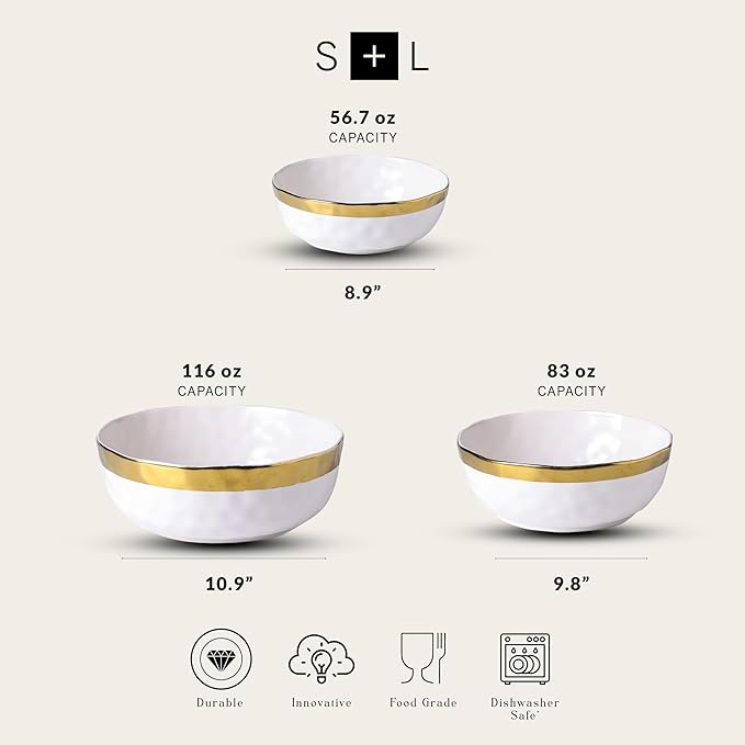 Stone Lain Florian Porcelain 3-Piece Round Bowl Service Set, White with Gold Rim