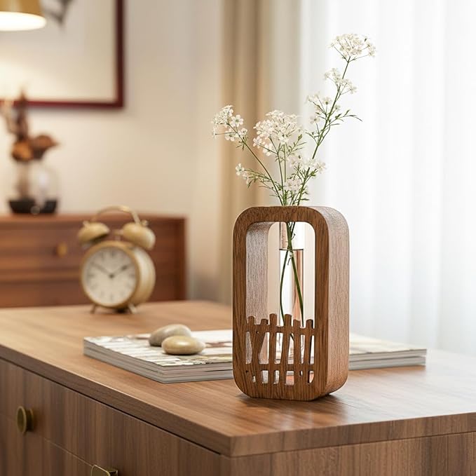 Plant Terrarium with Wooden Stand & Glass Test Tube - for Hydroponic Plants, Home Garden Office Decor, Unique Birthday, Housewarming for Plant Lovers