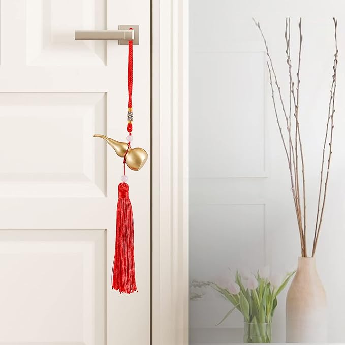 Feng Shui Hanging Ornaments Decor,Wu Lou Golden Gourd,with Red Luck Strip Tassel Treasure for Ideal Car Pendant,Bedroom,Door,Desk lamp,Bring Good Luck,Safty,Healthy,2.16inch Tall,Full Brass