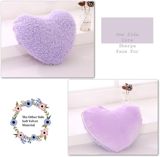 Purple Heart Pillow, Fluffy Heart Throw Pillow with Pillow Cover and Insert, Soft Faux Fur, Decorative Design for Mothers Day,Valentine's Day (Purple Heart Shape-15.7X15.7Inches)