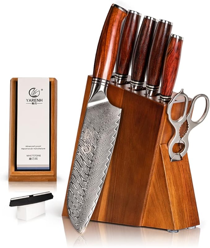 YARENH Kitchen Knife Set with Block, 8 Piece, Sharp Professional Chef Knife, 73 Layers Damascus High Carbon Stainless Steel, Full Tang Sandalwood Handle, Gift Box