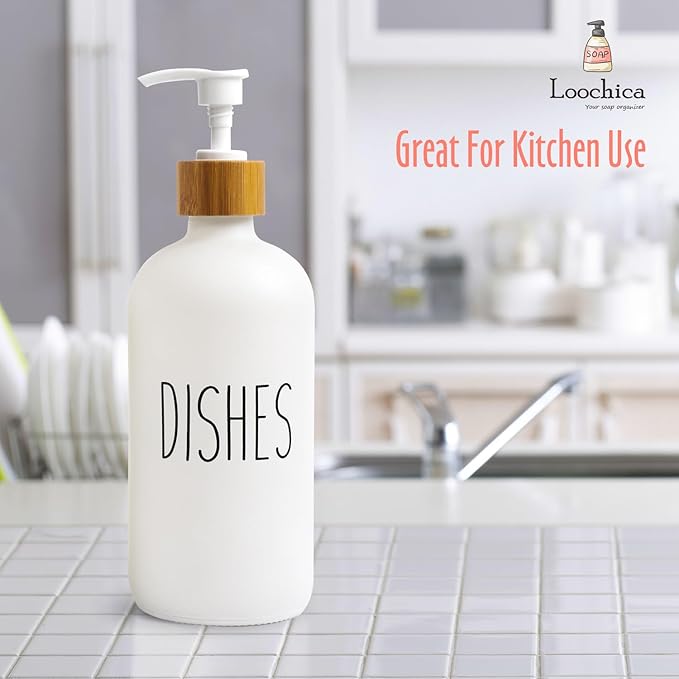 Dish White Glass Soap Dispenser with Plastic Pump, 16 Oz White Dish Soap Dispenser Set Refillable Reusable Apothecary Soap Pump Dispenser Bottles for Bathroom and Kitchen