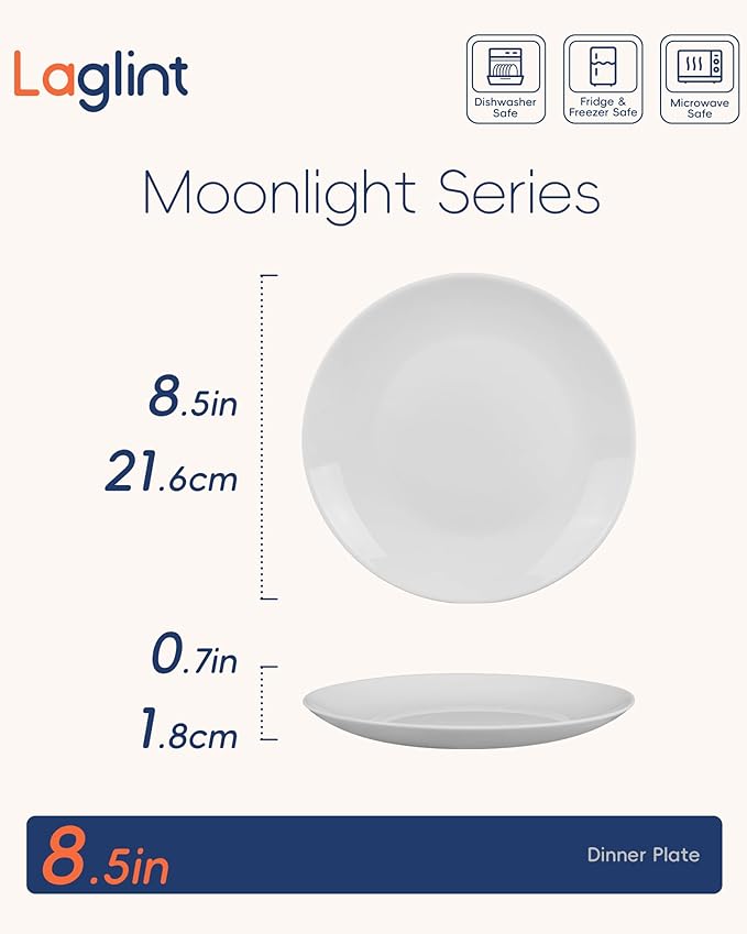 8.5 inch Salad Plate Set of 6, Lightweight Opal Glass Round White Plates for Appetizer Dessert Kitchen, Dishwasher and Microwave Safe