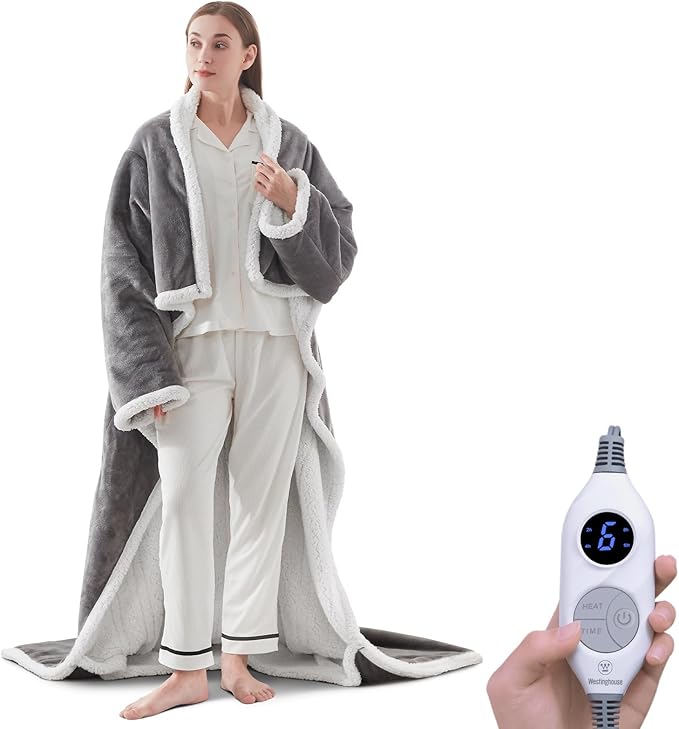 Westinghouse Electric Snuggle Throw Blankets with Foot Pocket, Wearable Heated Blanket with Sleeves, 6 Heating Levels & 2 to 10 Hours Heating Time Settings, 50 * 70"+18", Light Grey
