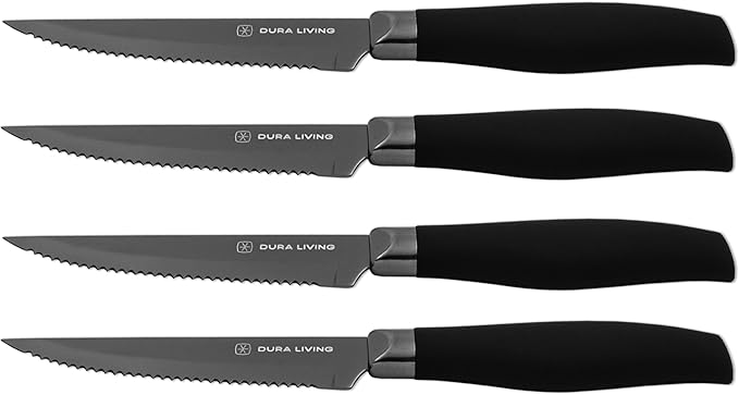 DURA LIVING Steak Knives, Steak Knives Set of 4, Nonstick Titanium High Carbon Stainless Steel Serrated Steak Knife, Soft Grip Handle, With Sheaths, Black Knife Set