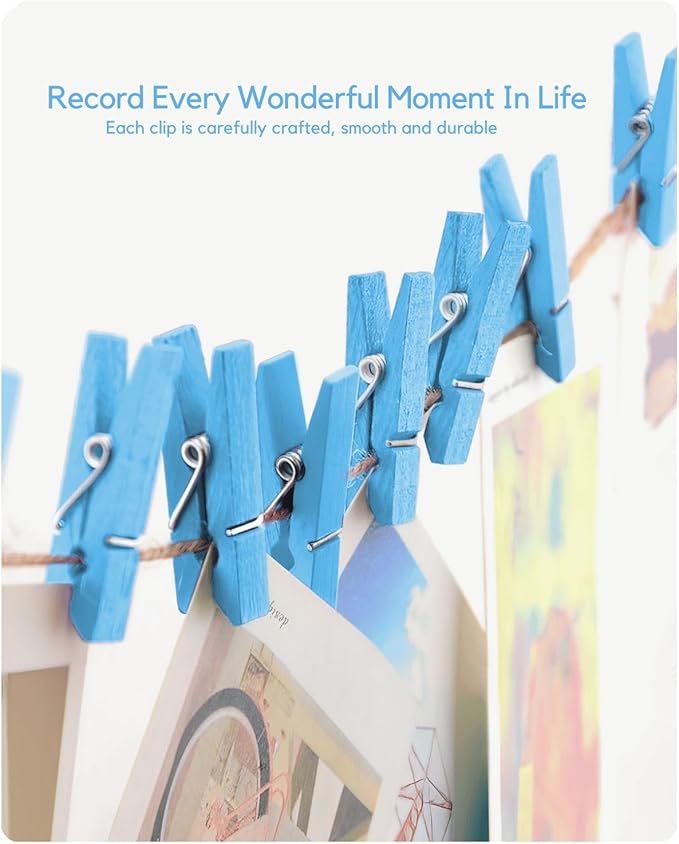 Clothes Pins Mini Clothespins Blue - 100 PCS Wooden Paper Photo Clips Tiny Colored Small Clothespins for Pictures with Jute Twine, Ideal for Baby Shower, Crafts, Home Office Decoration